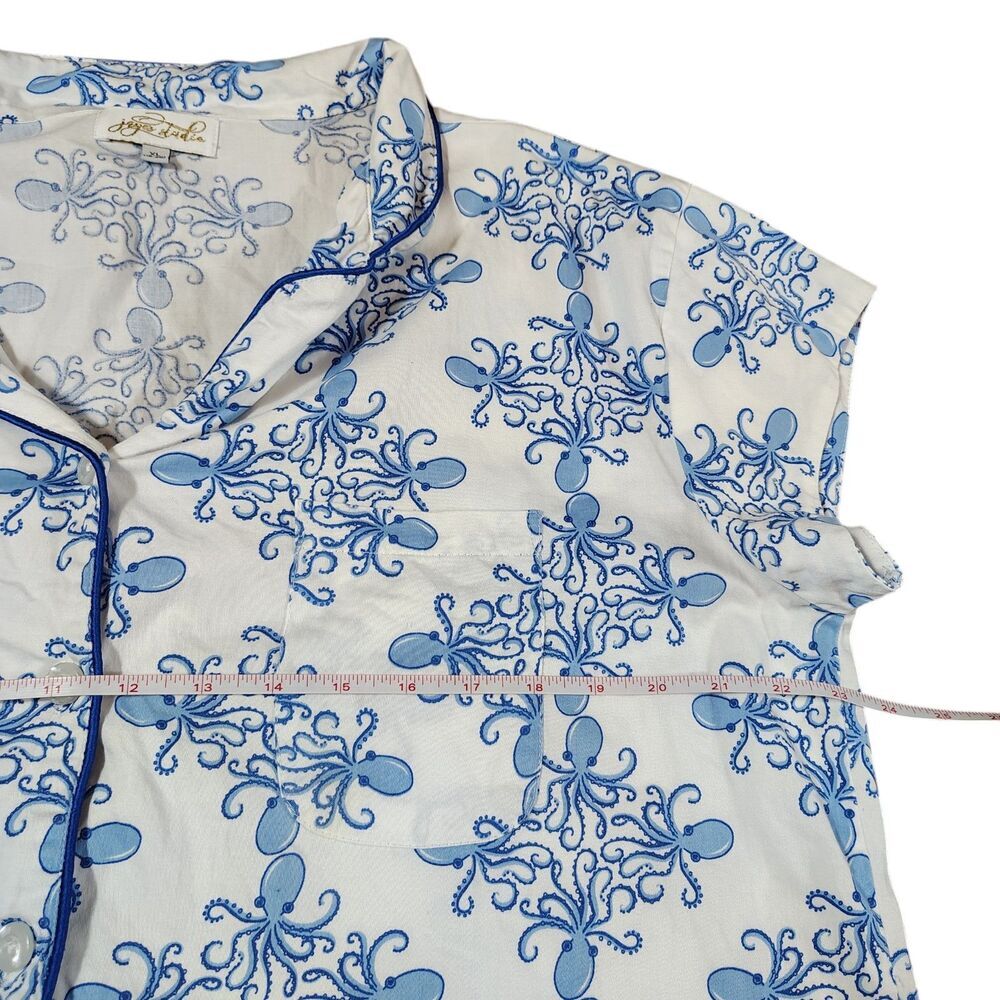 Womens Octopus Pajama Set Size XL Blue White Coastal Nautical Cotton - Picture 10 of 12